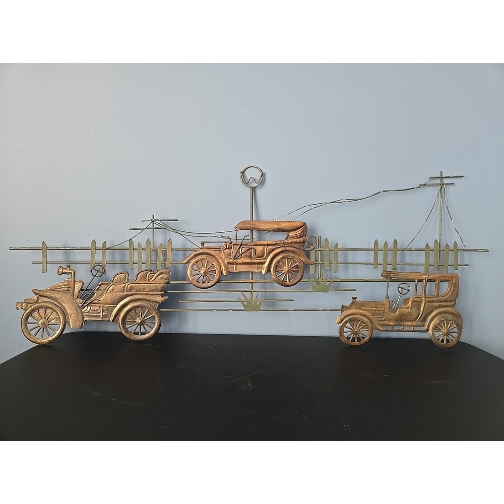 Vintage Metal Antique Car Wall Plaques Bronze Decor made in Hong Kong Enesco 34"